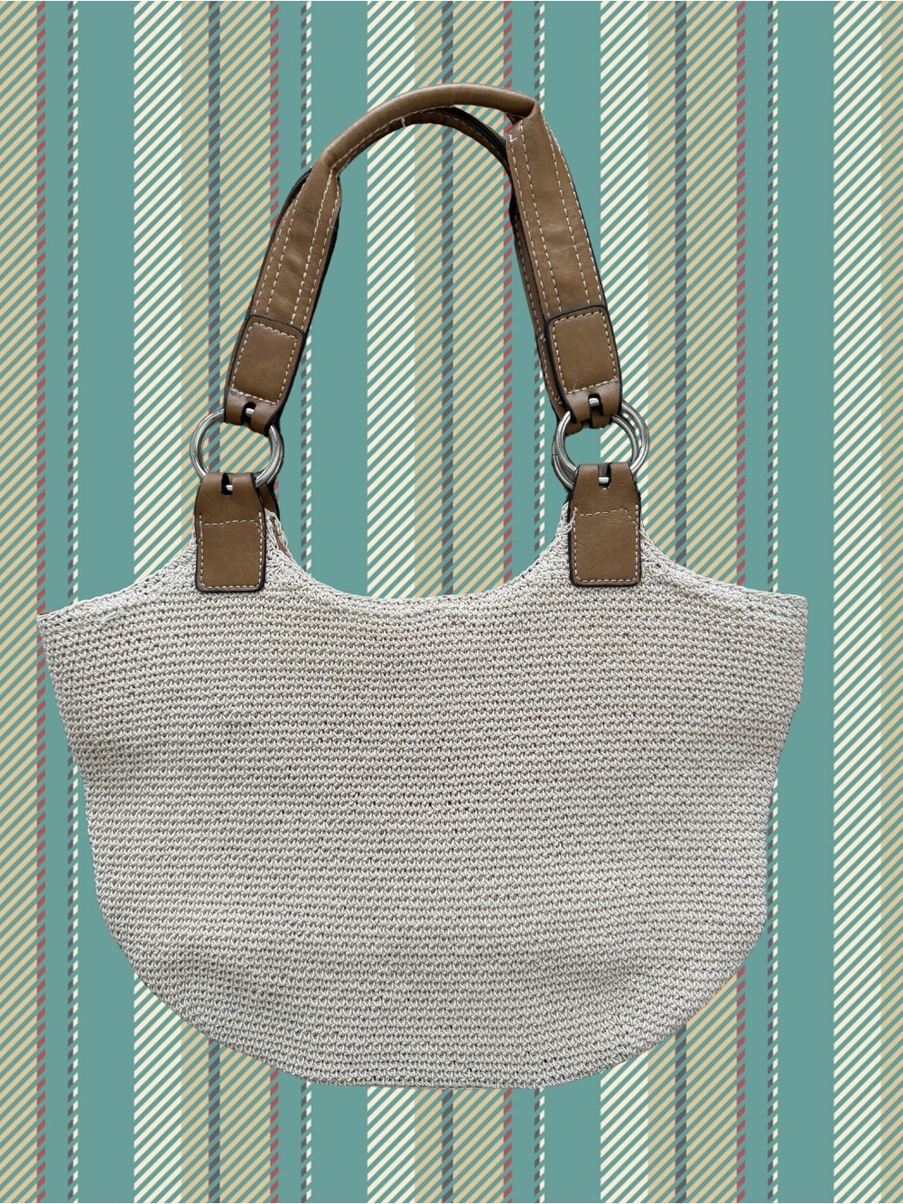 Neutral Cream Woven Tote with Brown Handles